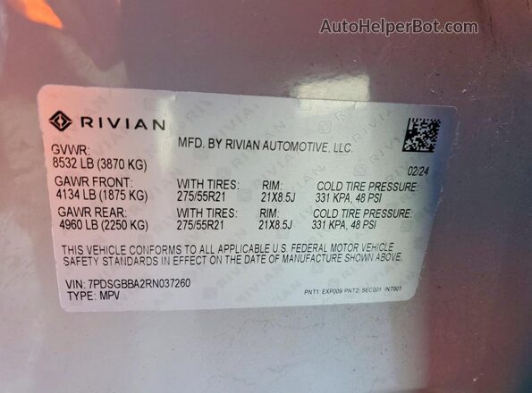7PDSGBBA2RN037260 2024 RIVIAN R1S Gray Вид наклейки з VIN-кодом