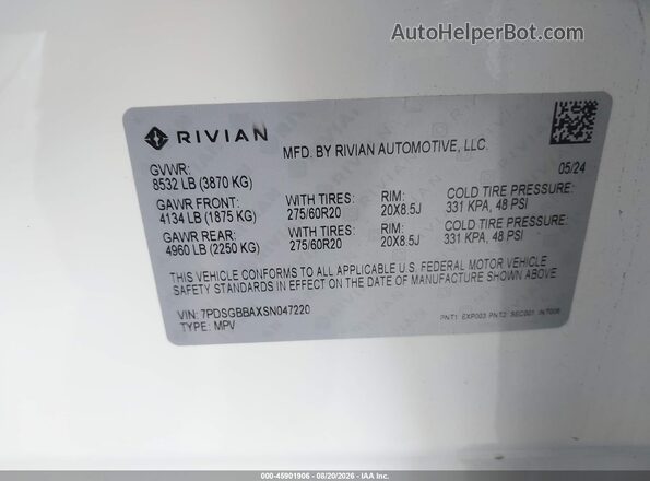 7PDSGBBAXSN047220 2025 RIVIAN R1S White Engine compartment view