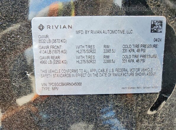 7PDSGCBA9RN045068 2024 RIVIAN R1S Black VIN sticker view
