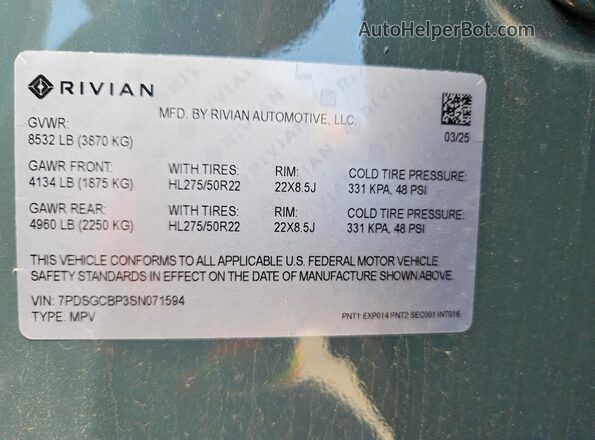 7PDSGCBP3SN071594 2025 RIVIAN R1S Gray 360 interior view