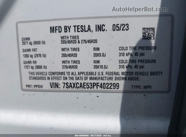 7SAXCAE53PF402299 2023 TESLA MODEL X White Vista del compartimento del motor