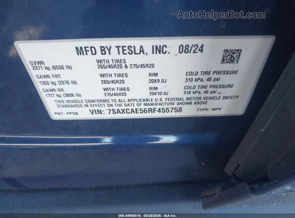 7SAXCAE56RF455758 2024 TESLA MODEL X Blue Vista del compartimento del motor