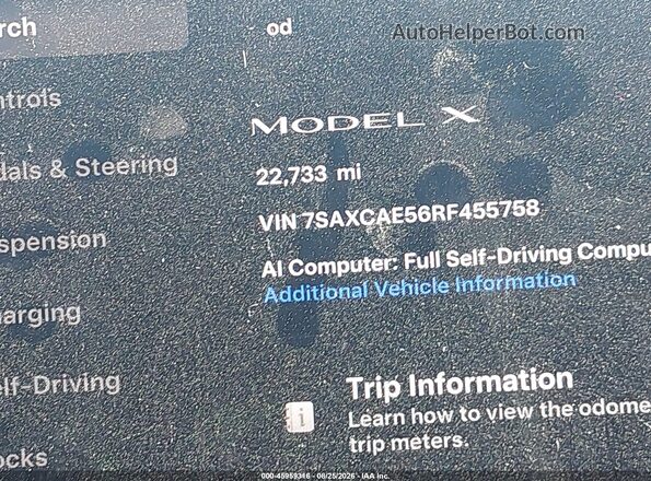 7SAXCAE56RF455758 2024 TESLA MODEL X Blue Vista interior de 360 grados