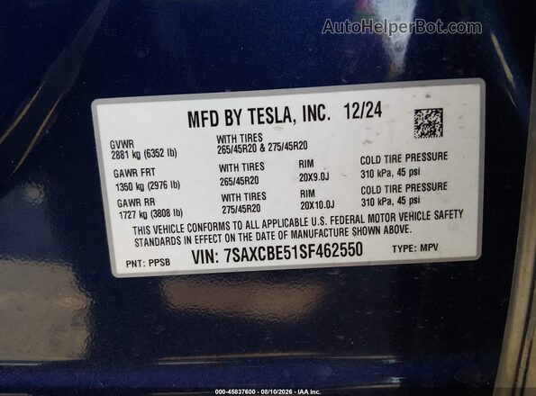 7SAXCBE51SF462550 2025 TESLA MODEL X Синий Вид подкапотного пространства