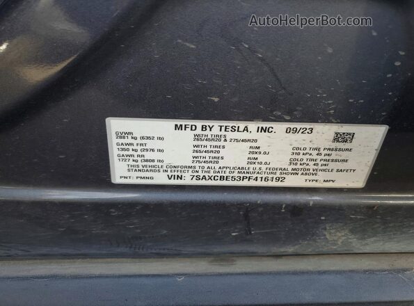 7SAXCBE53PF416192 2023 TESLA MODEL Gray VIN კოდის სტიკერის ხედი