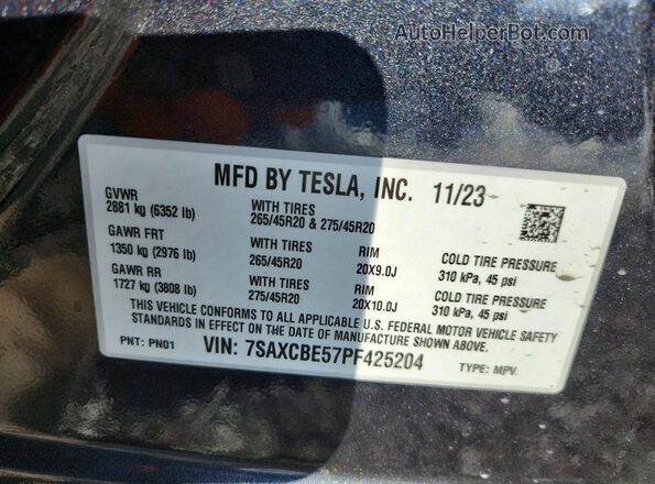 7SAXCBE57PF425204 2023 TESLA MODEL Charcoal VIN კოდის სტიკერის ხედი