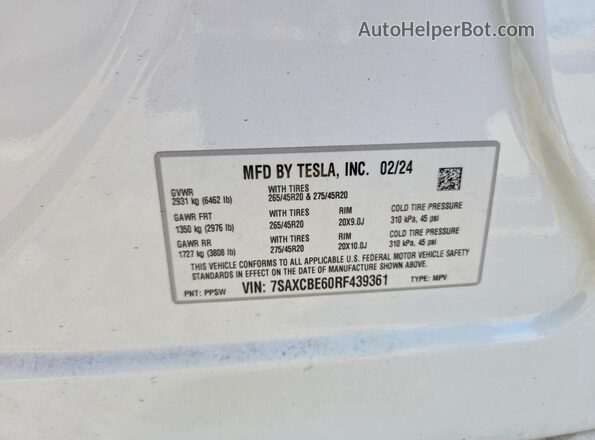 7SAXCBE60RF439361 2024 TESLA MODEL Белый Вид наклейки с VIN-кодом