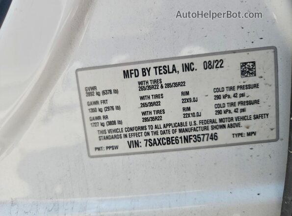 7SAXCBE61NF357746 2022 TESLA MODEL White VIN կոդի պիտակի տեսք