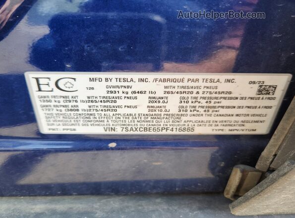7SAXCBE65PF416865 2023 TESLA MODEL Blue Панорамний вид салону 360°