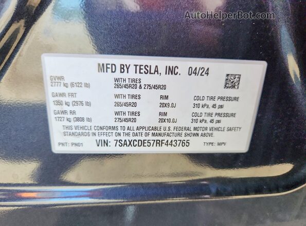 7SAXCDE57RF443765 2024 TESLA MODEL Black Вид наклейки з VIN-кодом