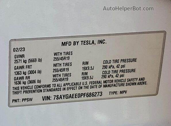 7SAYGAEE0PF686273 2023 TESLA MODEL Белый Панорамный вид салона 360°