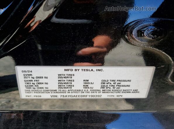 7SAYGAEE0RF190392 2024 TESLA MODEL Black VIN კოდის სტიკერის ხედი
