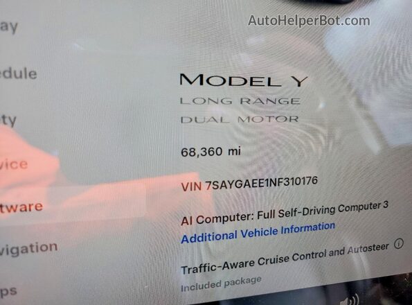 7SAYGAEE1NF310176 2022 TESLA MODEL Blue Вид щитка приладів