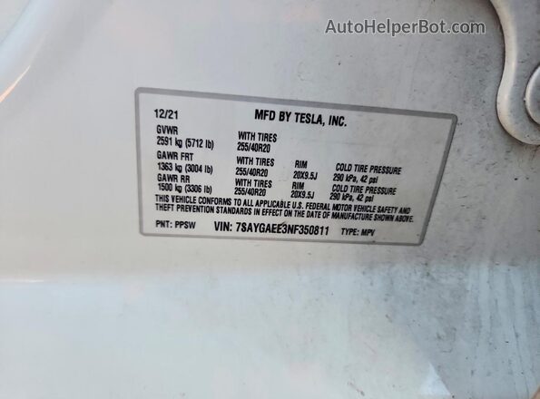 7SAYGAEE3NF350811 2022 TESLA MODEL Белый Панорамный вид салона 360°