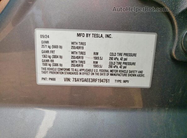7SAYGAEE3RF194761 2024 TESLA MODEL Серый Вид наклейки с VIN-кодом