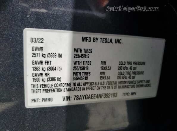 7SAYGAEE4NF392193 2022 TESLA MODEL Gray Vista interior de 360 grados