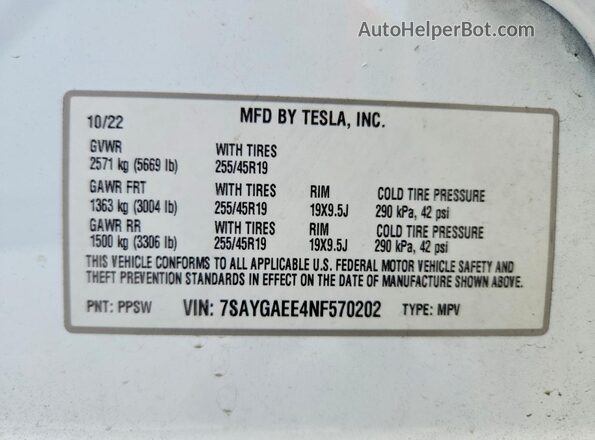 7SAYGAEE4NF570202 2022 TESLA MODEL White Widok naklejki z numerem VIN