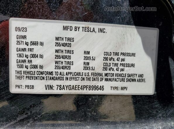 7SAYGAEE4PF899646 2023 TESLA MODEL Black Widok naklejki z numerem VIN