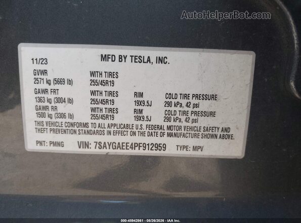 7SAYGAEE4PF912959 2023 TESLA MODEL Y Gray Вид підкапотного простору