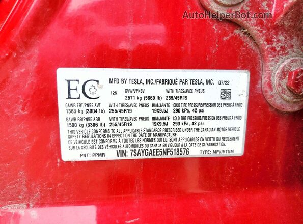 7SAYGAEE5NF518576 2022 TESLA MODEL Red ძრავის განყოფილების ხედი