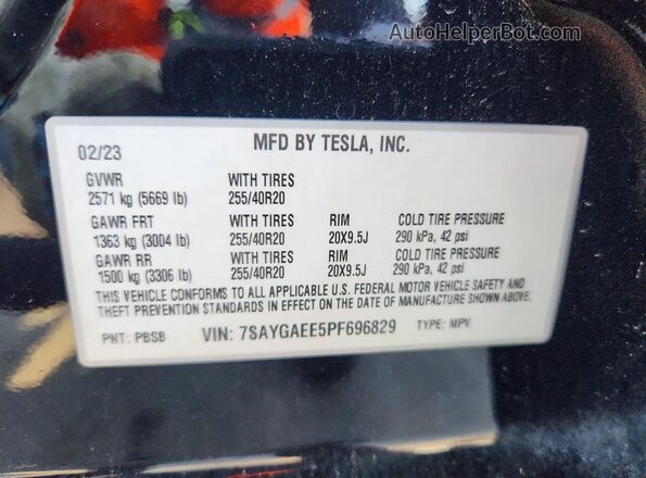 7SAYGAEE5PF696829 2023 TESLA MODEL Black Vista de la etiqueta del VIN