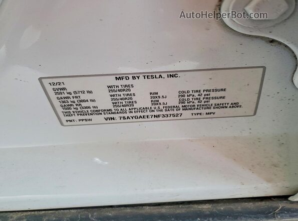 7SAYGAEE7NF337527 2022 TESLA MODEL White Вид підкапотного простору