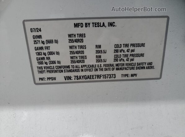 7SAYGAEE7RF157373 2024 TESLA MODEL Белый Вид наклейки с VIN-кодом