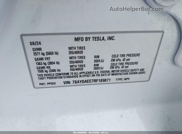 7SAYGAEE7RF189871 2024 TESLA MODEL Y White Շարժիչի բաժամունքի տեսք