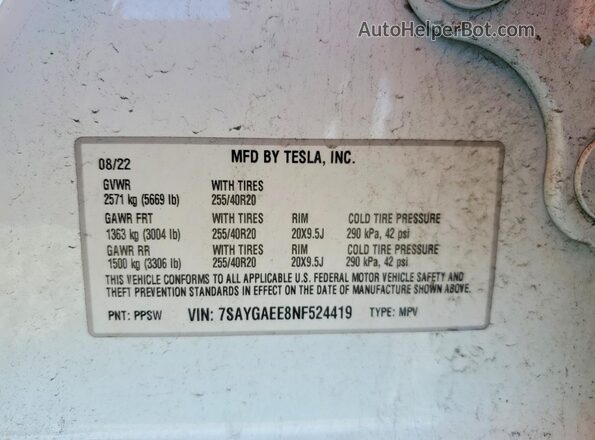 7SAYGAEE8NF524419 2022 TESLA MODEL White Vista de la etiqueta del VIN