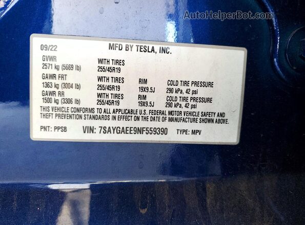 7SAYGAEE9NF559390 2022 TESLA MODEL Blue VIN կոդի պիտակի տեսք