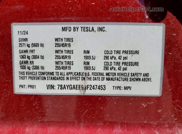 7SAYGAEE9SF247453 2025 TESLA MODEL Red VIN კოდის სტიკერის ხედი