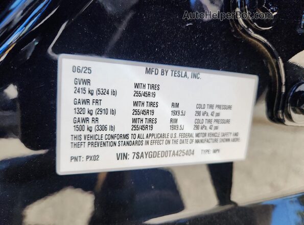 7SAYGDED0TA425404 2026 TESLA MODEL Black VIN sticker view