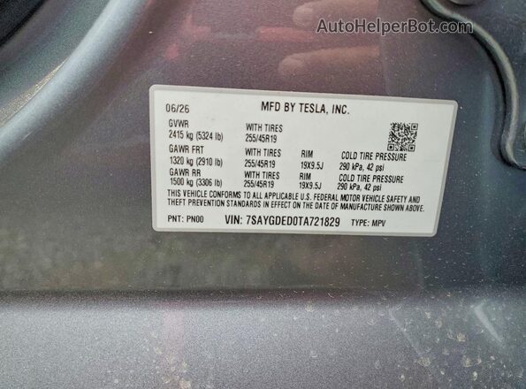 7SAYGDED0TA721829 2026 TESLA MODEL Gray Vista de la etiqueta del VIN