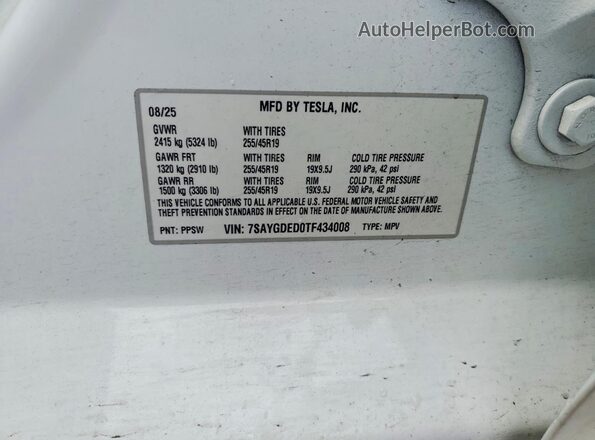 7SAYGDED0TF434008 2026 TESLA MODEL White Вид наклейки з VIN-кодом