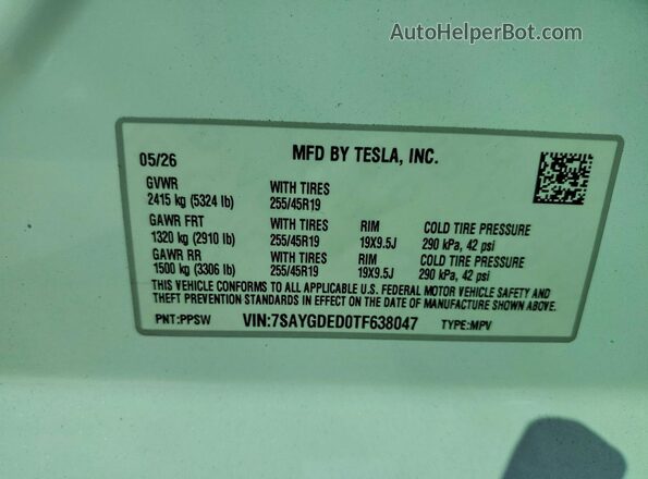 7SAYGDED0TF638047 2026 TESLA MODEL White Вид наклейки з VIN-кодом