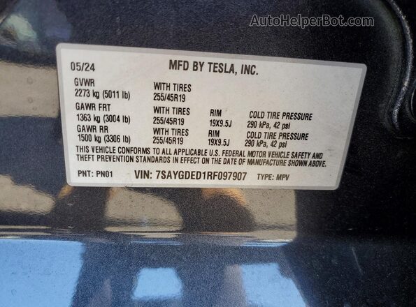 7SAYGDED1RF097907 2024 TESLA MODEL Gray Вид наклейки з VIN-кодом