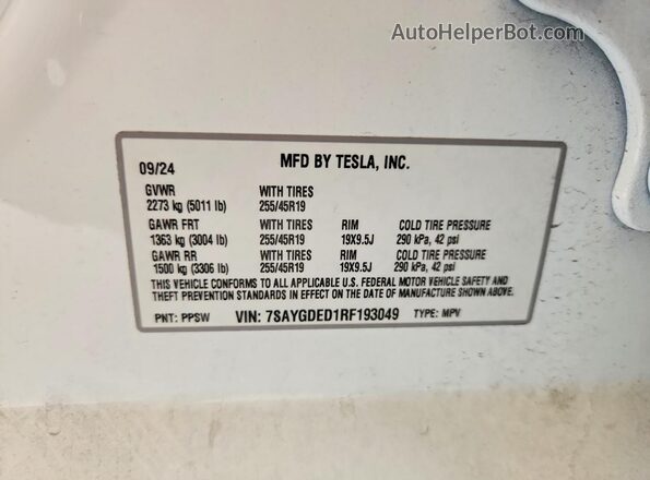 7SAYGDED1RF193049 2024 TESLA MODEL White Շարժիչի բաժամունքի տեսք