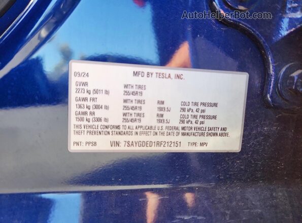 7SAYGDED1RF212151 2024 TESLA MODEL Синий Вид наклейки с VIN-кодом