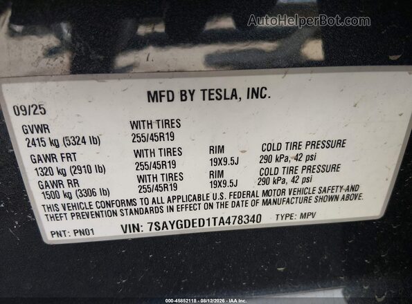 7SAYGDED1TA478340 2026 TESLA MODEL Y Gray Vista del compartimento del motor