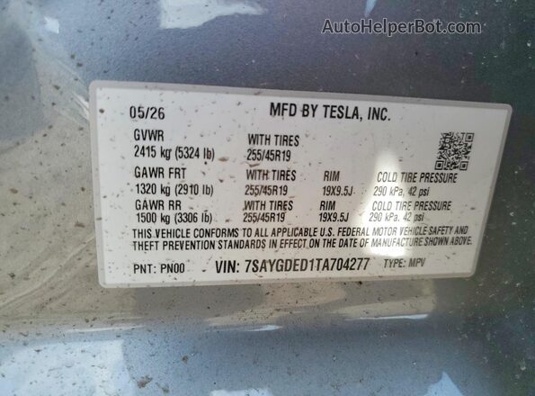 7SAYGDED1TA704277 2026 TESLA MODEL Charcoal Vista de la etiqueta del VIN
