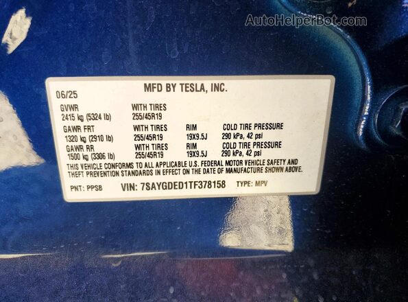 7SAYGDED1TF378158 2026 TESLA MODEL Blue VIN კოდის სტიკერის ხედი