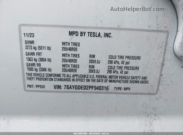 7SAYGDED2PF940316 2023 TESLA MODEL Y White ძრავის განყოფილების ხედი