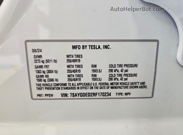 7SAYGDED2RF170234 2024 TESLA MODEL Белый Вид подкапотного пространства