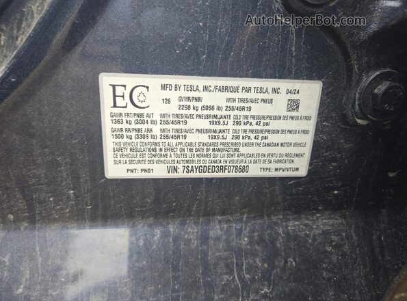 7SAYGDED3RF078680 2024 TESLA MODEL Gray VIN კოდის სტიკერის ხედი