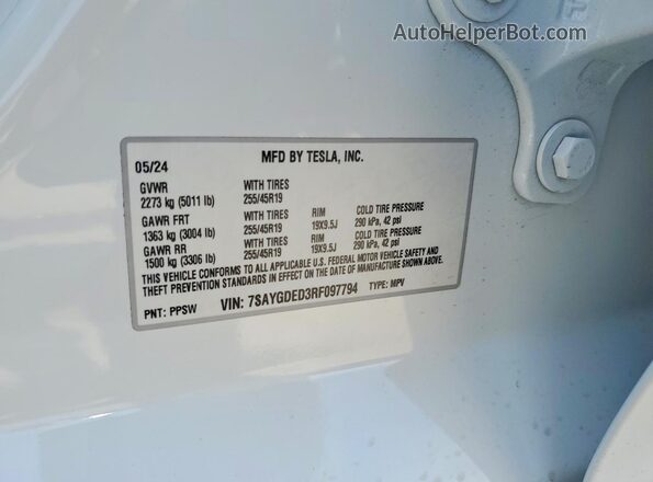 7SAYGDED3RF097794 2024 TESLA MODEL Белый Вид наклейки с VIN-кодом