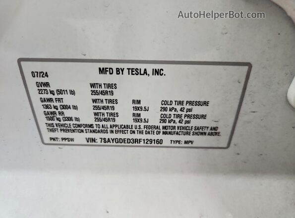 7SAYGDED3RF129160 2024 TESLA MODEL White VIN sticker view