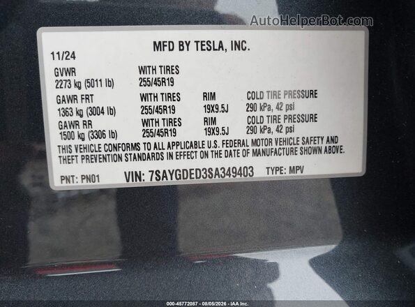 7SAYGDED3SA349403 2025 TESLA MODEL Y Gray Շարժիչի բաժամունքի տեսք