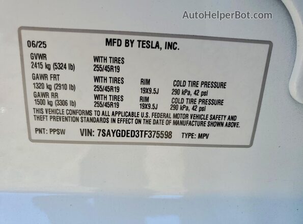 7SAYGDED3TF375598 2026 TESLA MODEL White Vista del compartimento del motor