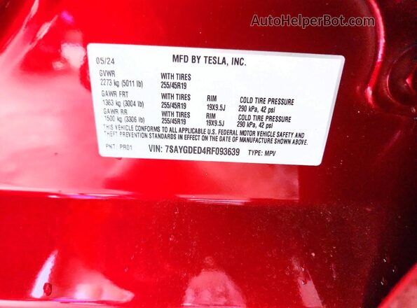 7SAYGDED4RF093639 2024 TESLA OTHER Красный Вид наклейки с VIN-кодом