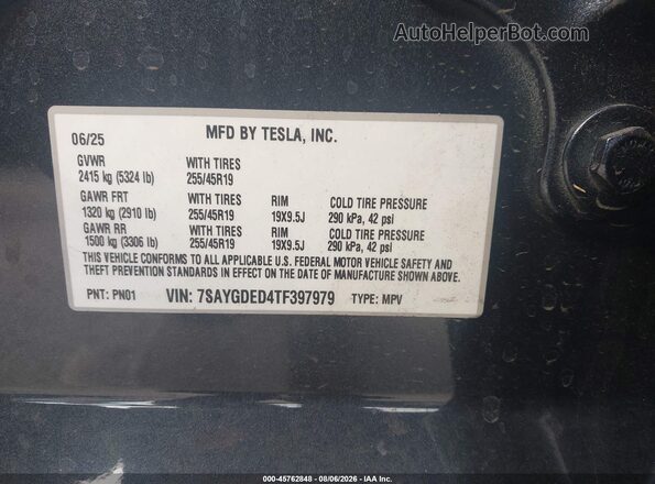 7SAYGDED4TF397979 2026 TESLA MODEL Y Black Engine compartment view